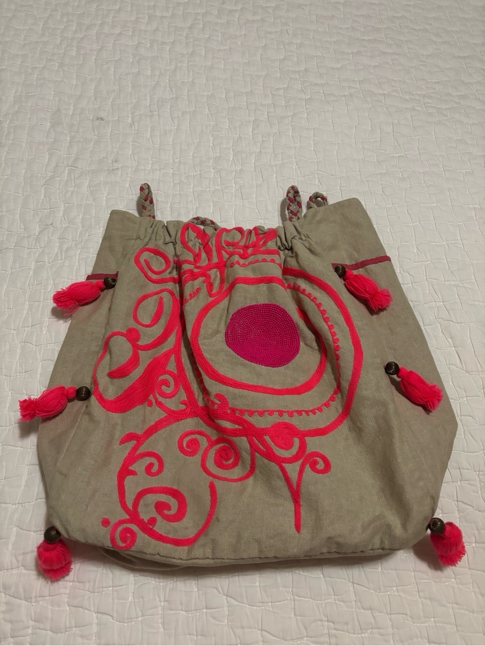 Reme Women Embroidered Tote Shoulder Bag with Hot Pink Embroidery